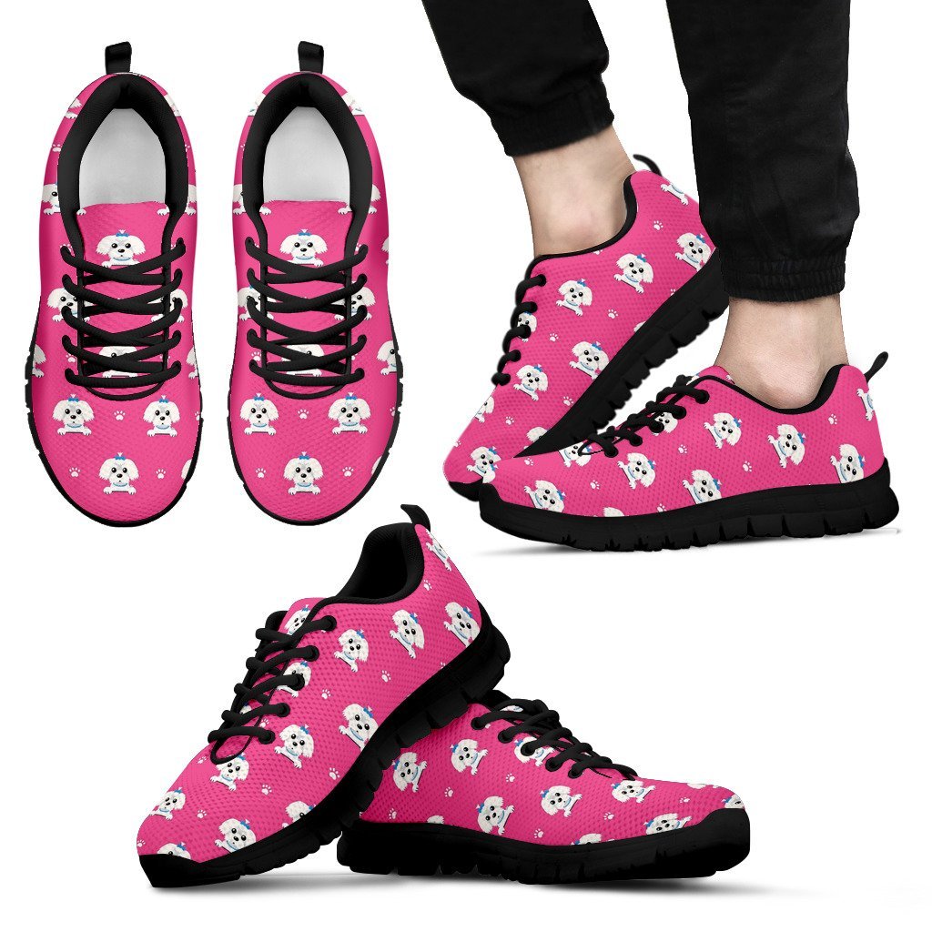 Dog Maltese Puppy Pattern Print Black Sneaker Shoes For Men Women