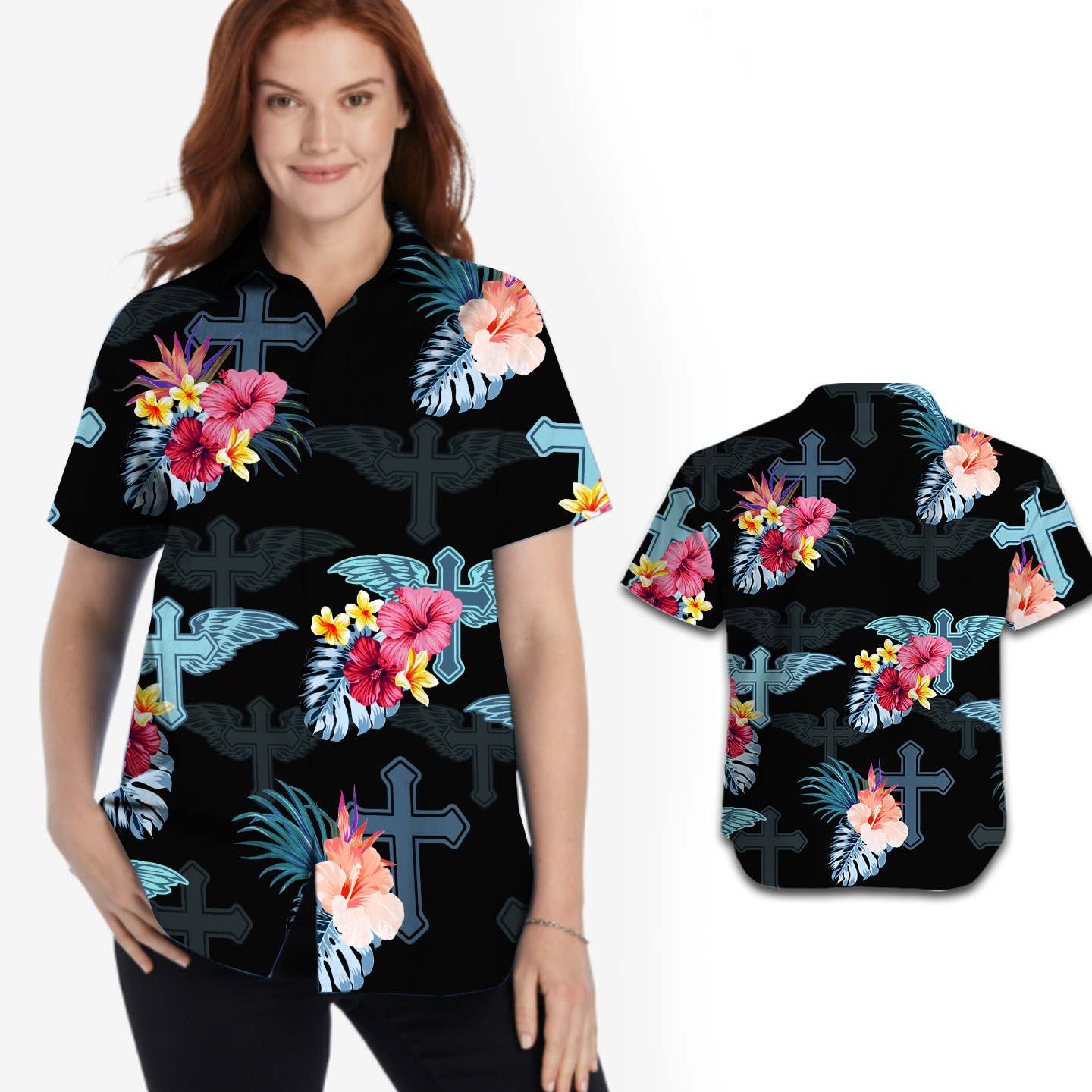 Jesus Cross Shadow Tropical Floral Women Hawaii Shirt Ha85234