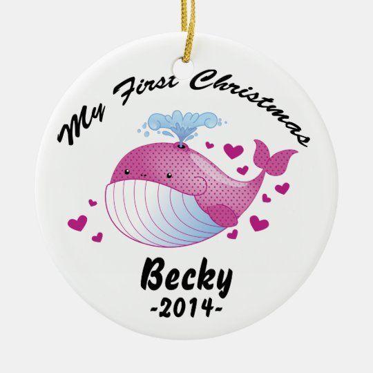 Personalized Ornament My First Christmas – Baby Girl – Whale Customized Ceramic Circle Ornament 1 – 2 Sided