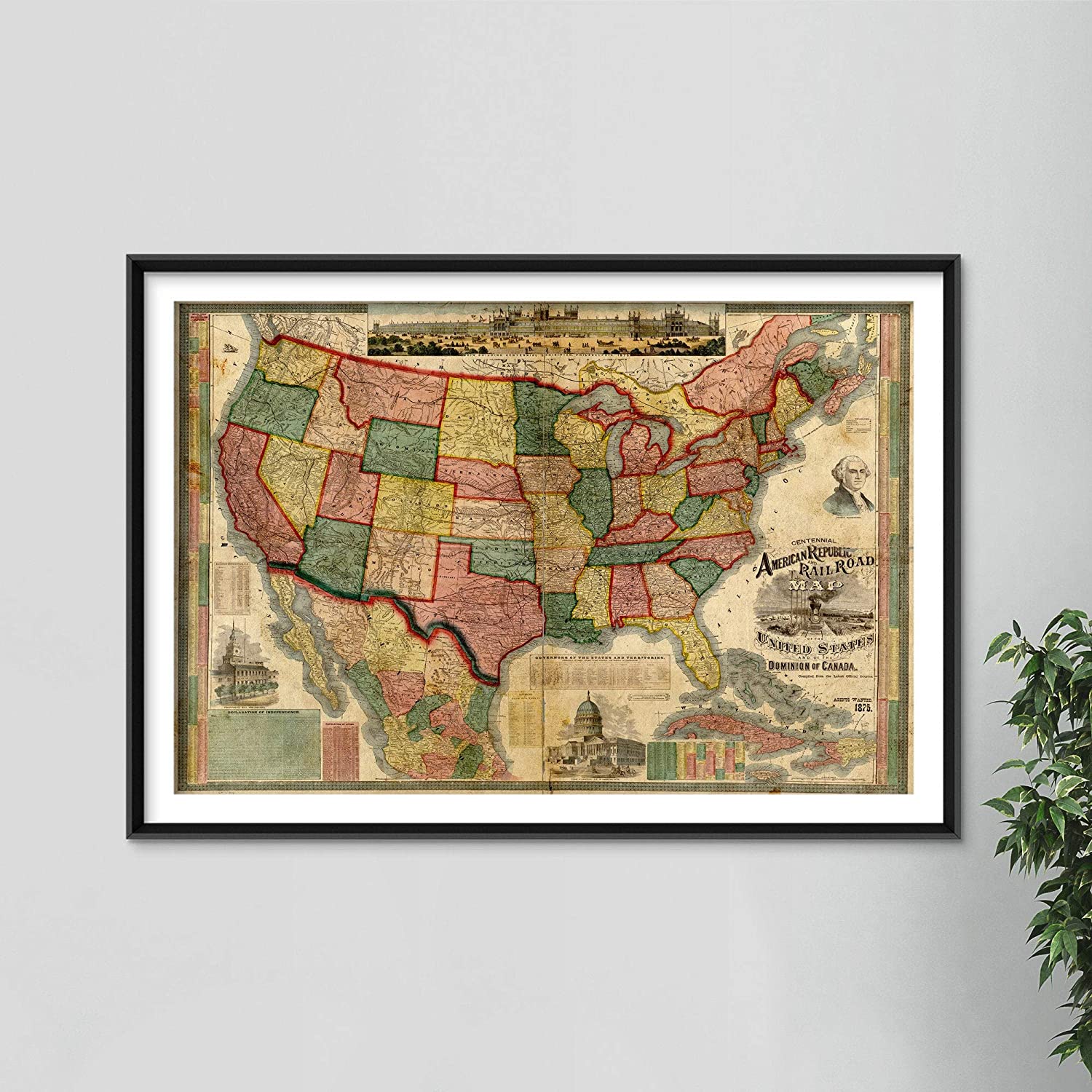 Canvas Map Wall Decor Historic Map Of The United States From 1875  Photo Poster Print Gift Wall Home Decor Art Street Home Usa Of America