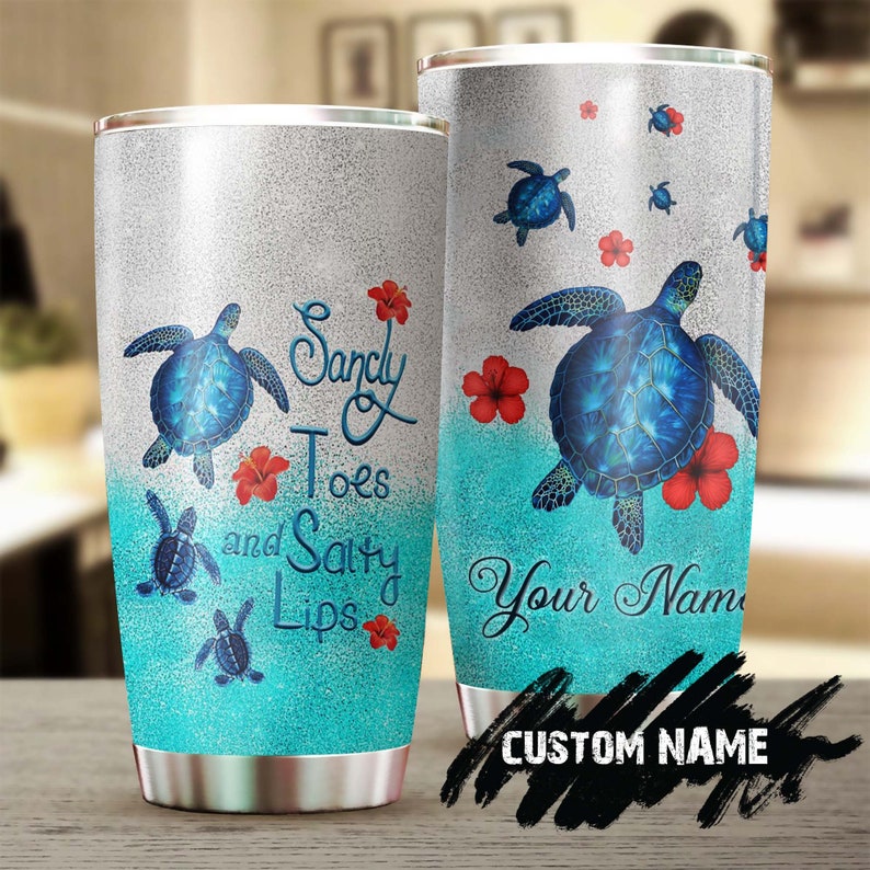 Turtle Sandy Toes Salty Lips Personalized Tumbler-Turtle Present-Unique Tumbler-Birthday Christmas Gift For Turtle Lover