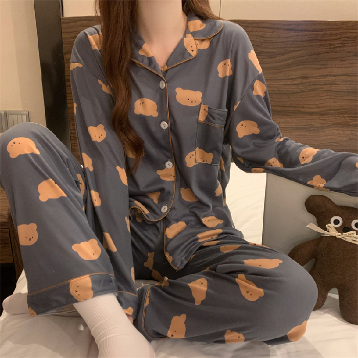 2022 new pajamas women spring and autumn cotton long sleeve cardigan senior feeling can be worn outside the residential suit set alx