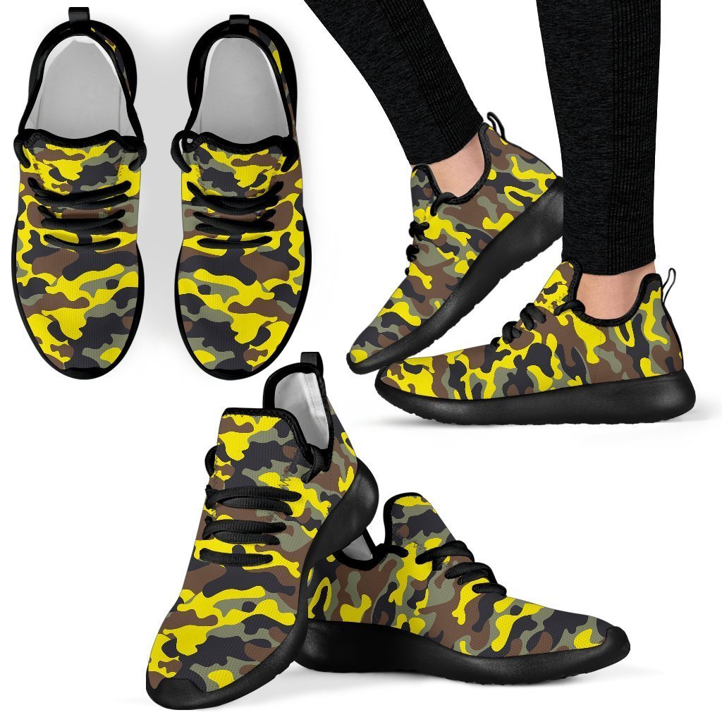 Yellow Brown And Black Camouflage Print Mesh Knit Shoes