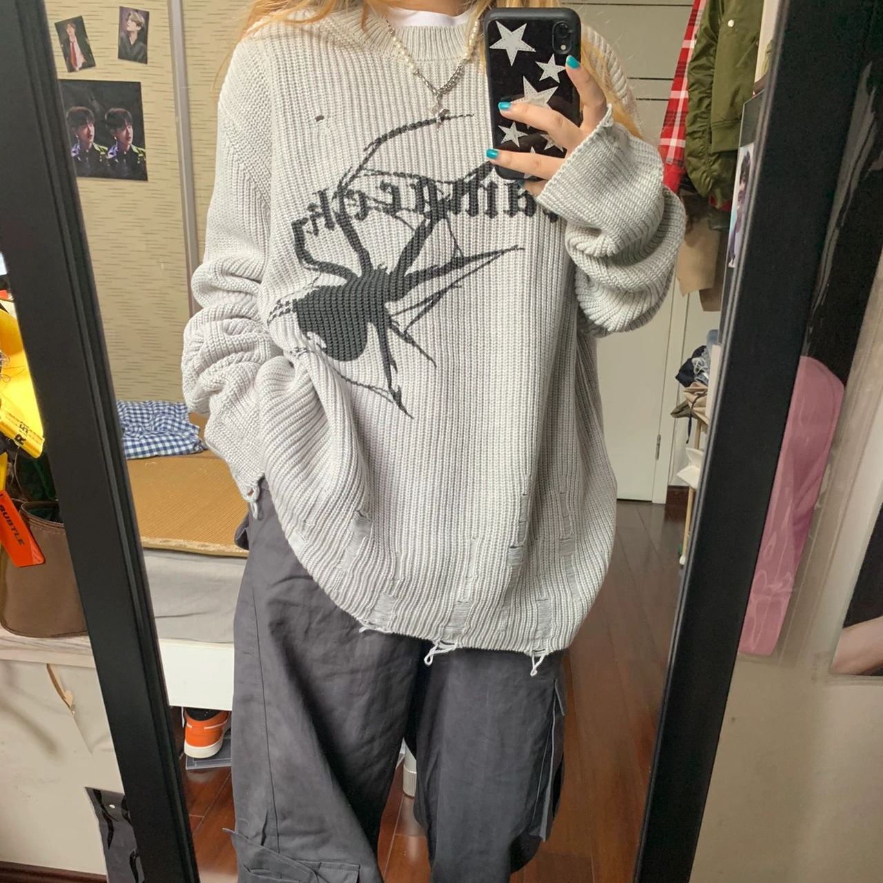 Spider Print Harajuku Thick Sweater Women Gothic Vintage Ripped Grunge Y2k Jumper Streetwear Korean Oversize Hiphop Pullover alx