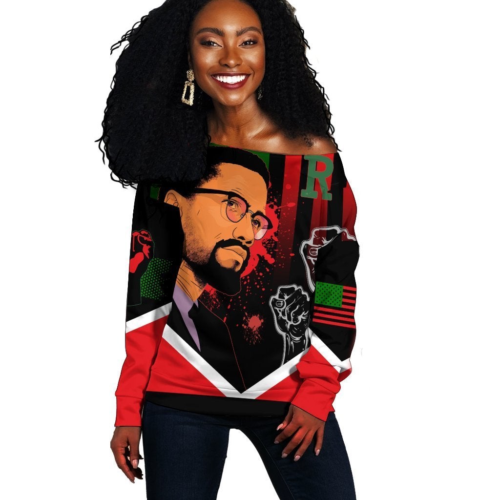 Wonder Print Shop Sweatshirt – African American Flag Malcolm X Ver2 Women Off Shoulder