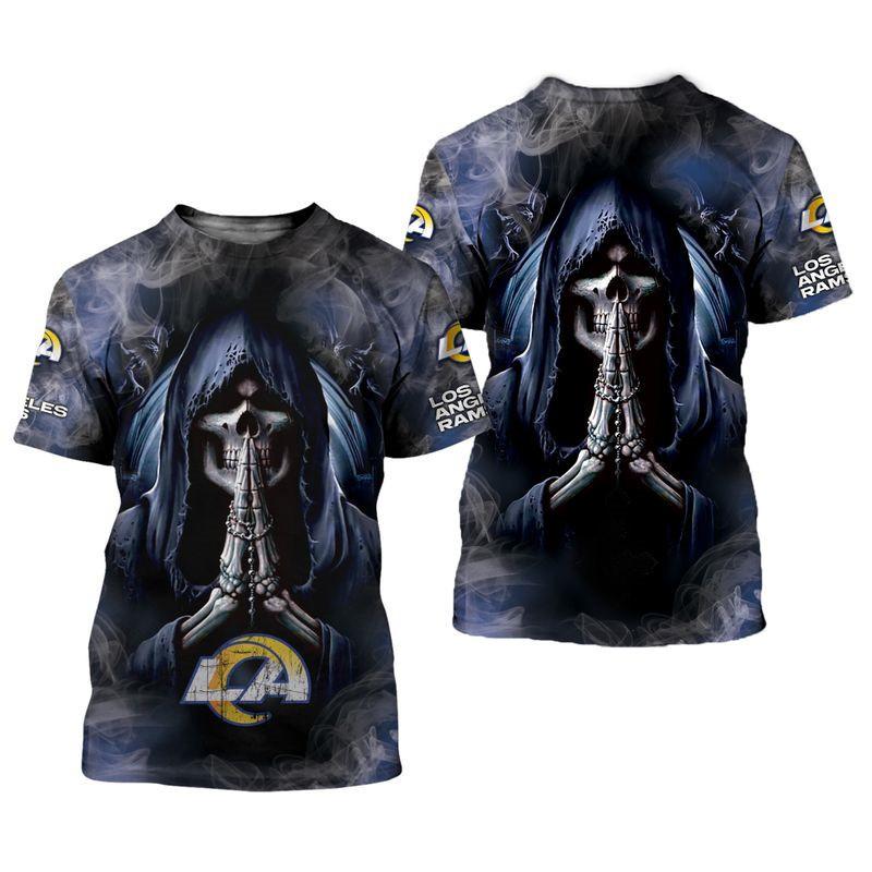 Men’S Los Angeles Rams T Shirts Background Skull Smoke