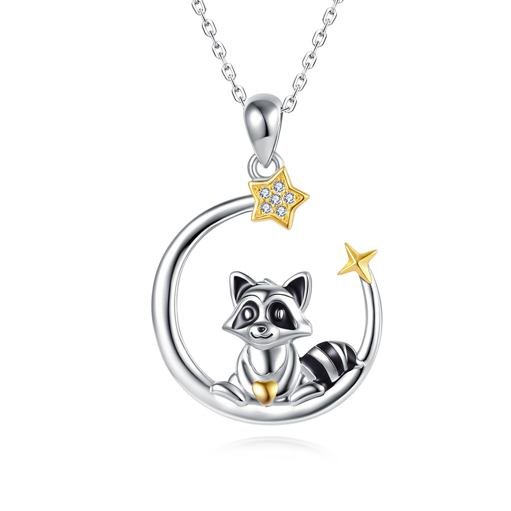 925 Sterling Silver Cute Animal Raccoon Moon Pendant Necklace Jewelry For Women Girls Baby Birthday Daily Mother’s Day Gifts alx