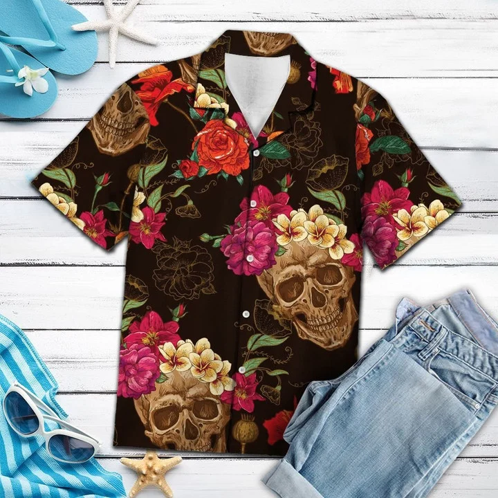 Skull Hawaii Smiling Flower Palm Leaves Summer Vacation Themed Hawaii Shirt Ha9437