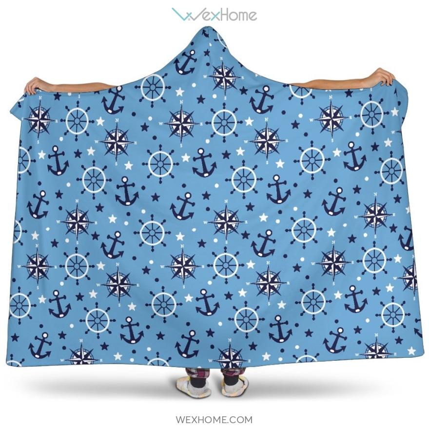 Anchors Rudder Compass Star Nautical Pattern Hooded Blanket