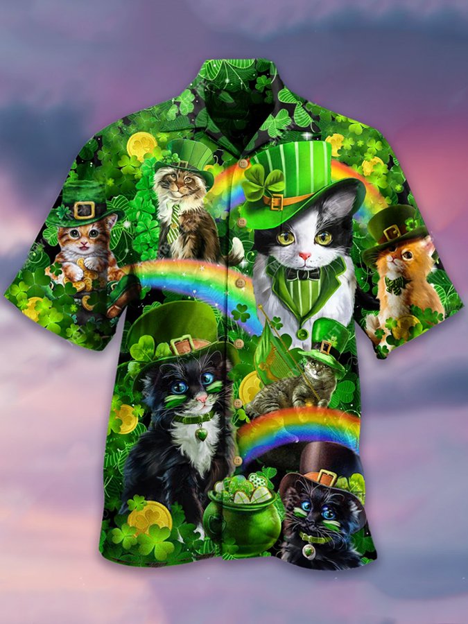 Mens Saint Day Cats Shamrocks Hawaii Shirt Ha89385