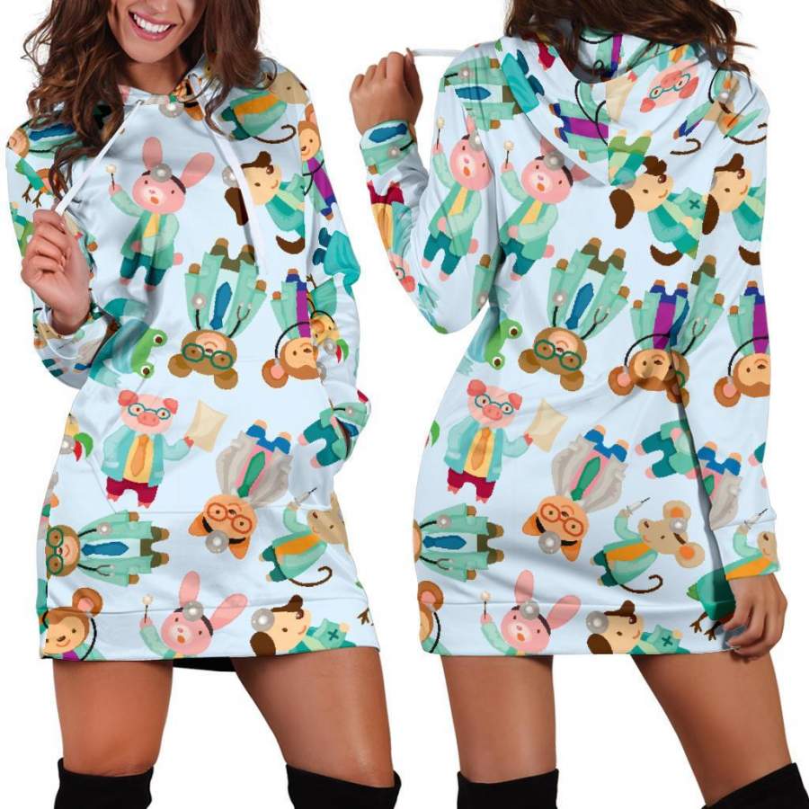 Animal Nurse Pattern Print Women Hoodie Dress