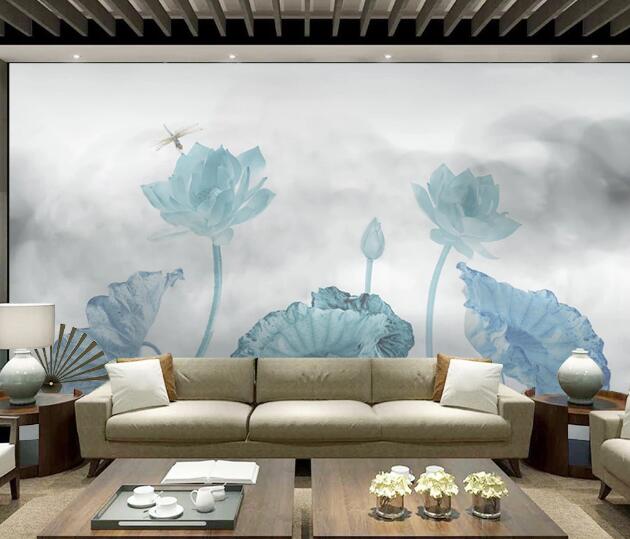 3D Blue Lotus Leaves Wall Mural Wallpaper 1619