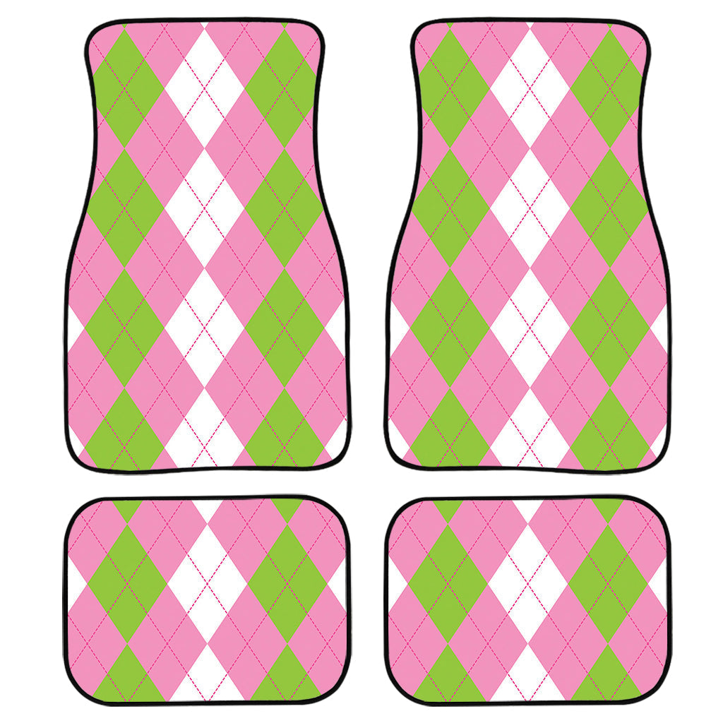 Green Pink And White Argyle Print Front And Back Car Floor Mats, Front Car Mat