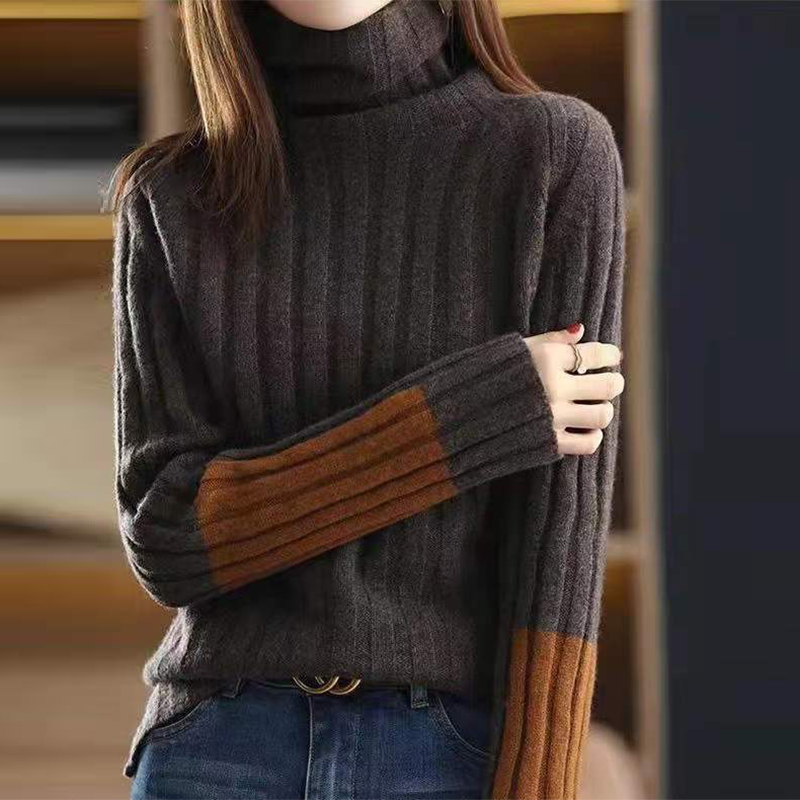 Autumn Winter High Collar Loose Casual Patchwork Sweater Top Women Thick Warm All-match Knitting Jumper Ladies Vintage Pullover alx