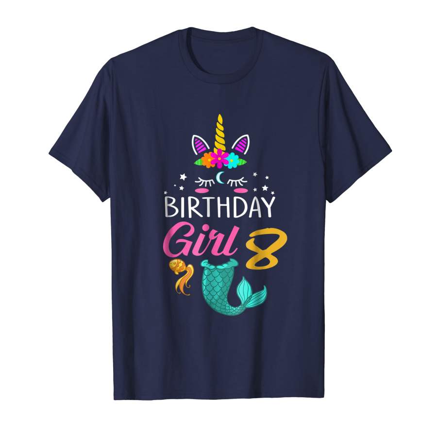 8th Birthday Girl Unicorn Shirt Mermaid Tail 8 Years Old Tee