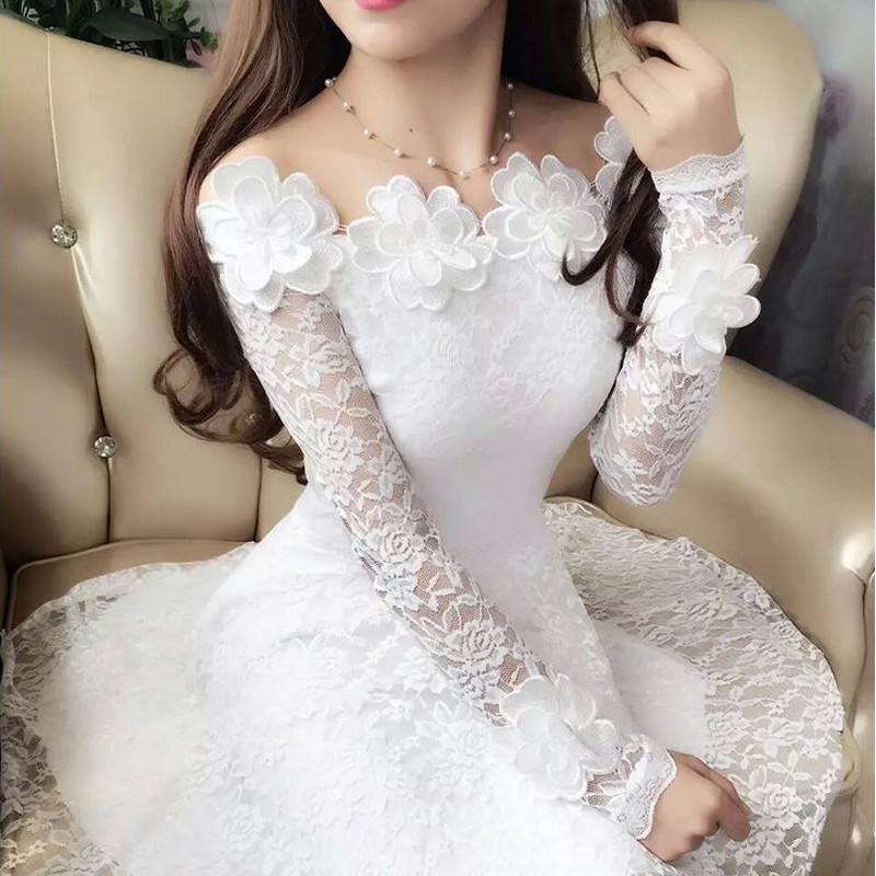 2018 Spring Summer Women Dresses Sexy Slash Neck Floral Lace Dress Female High Waist Long Sleeve A-Line Dress Party Vestidos 821 alx