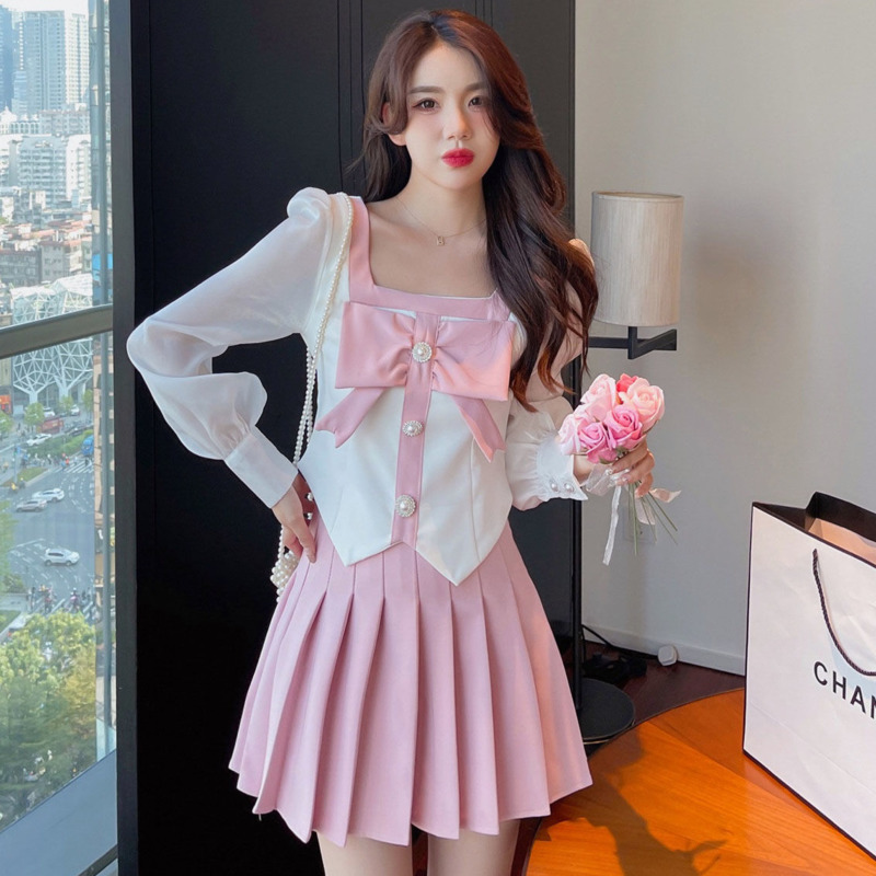 2022 Korean Women Summer Fashion Sweet Cute Bow Square Neck Top + Pleated Mini Skirt Suits 2 Pieces Set Outfits Femme alx