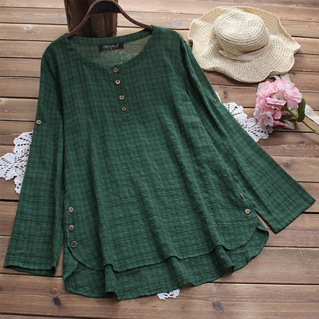 Vintage Tunic Top Women Plaid Blouse Female Long Sleeve Button Shirt Chemise Asymmetrical Hem Blouse