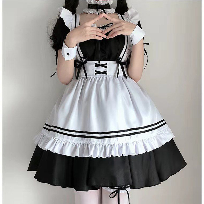 1set/lot Sexy Maid Cosplay Costume Women Headwear Apron Fake Collar Bowknot Black Dress Halloween Party clothing alx