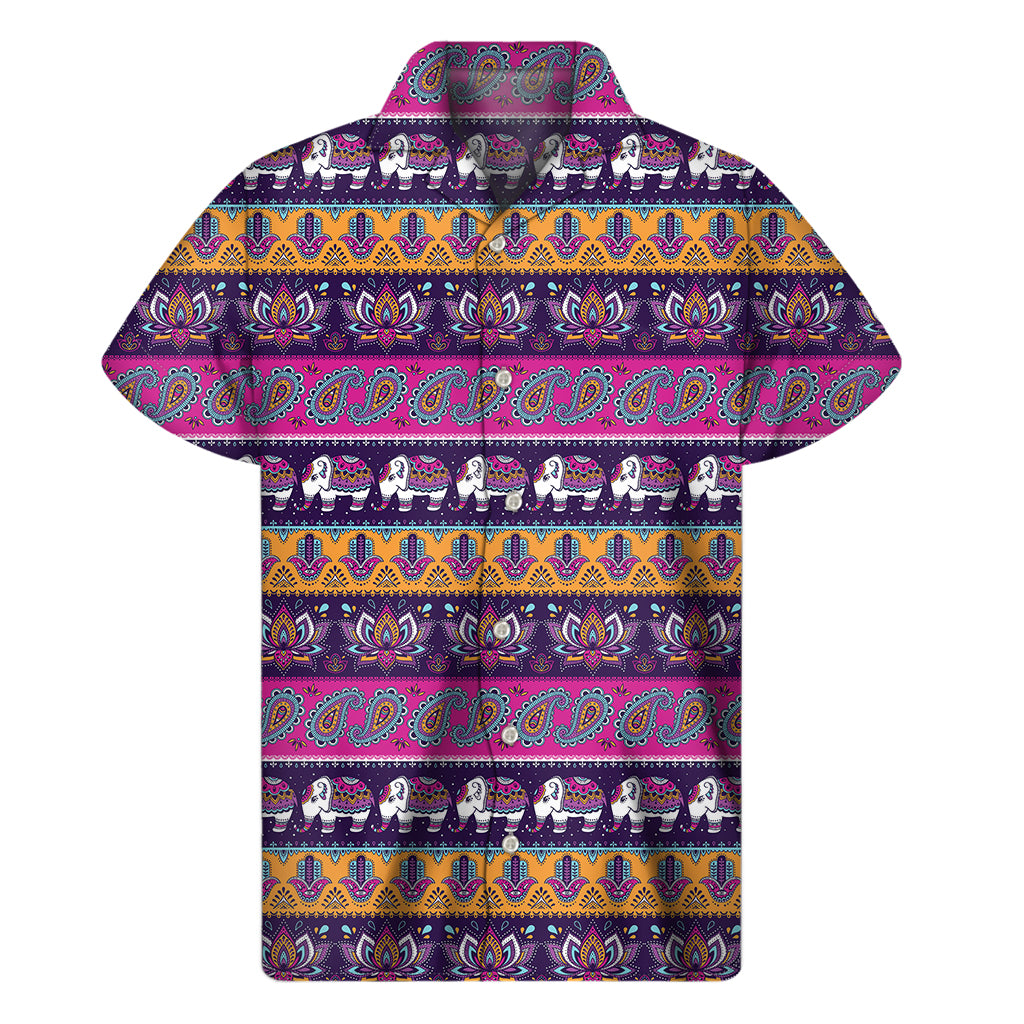 Paisley Elephant Hamsa Pattern Print Men’S Short Sleeve Shirt