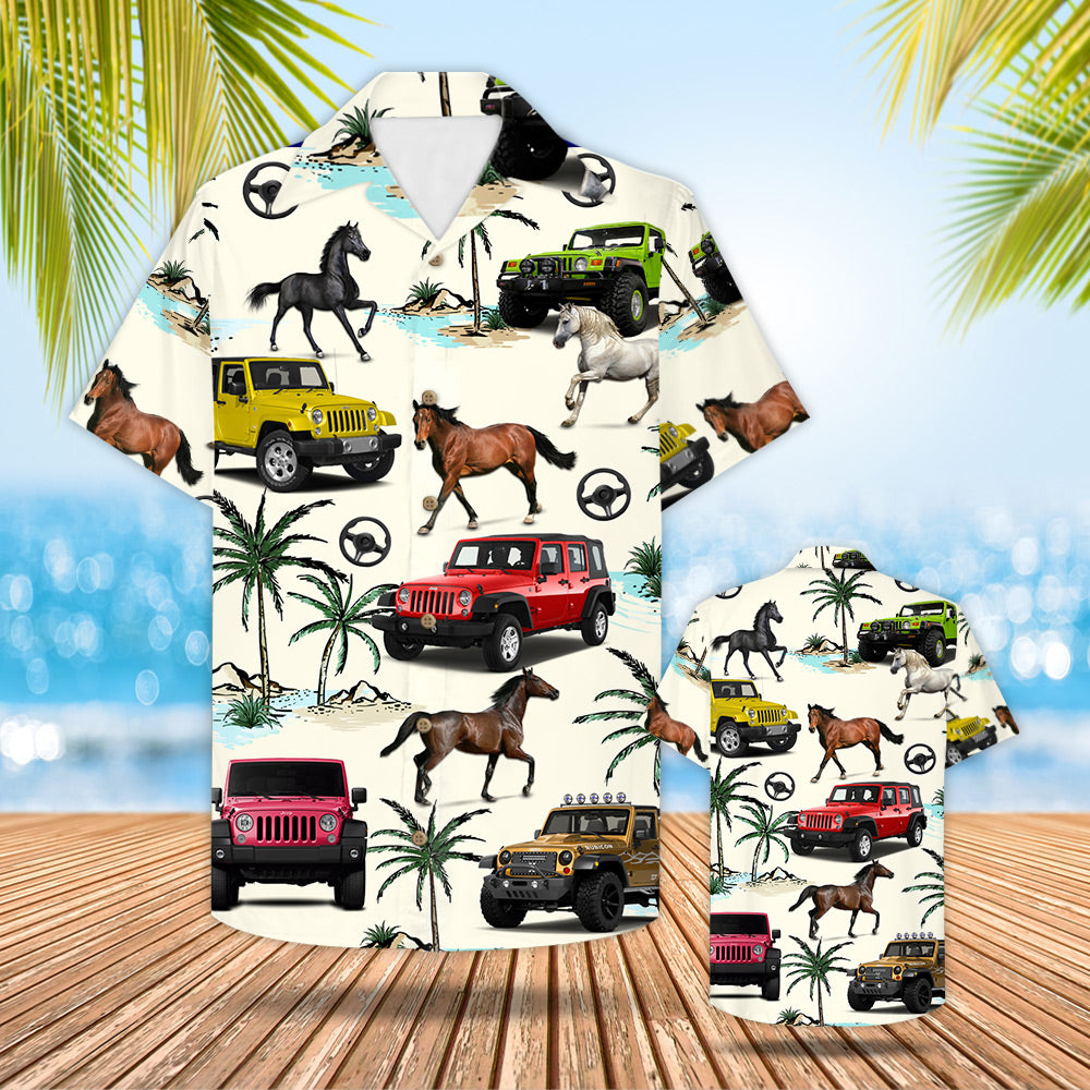 Jeep Horse Hawaiian Shirt – Gift For Jeep Trips – Horse And Jeep Pattern Trna