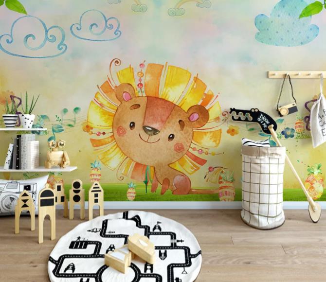 3D Cartoon Lion Yellow Wall Mural Wallpaper 77