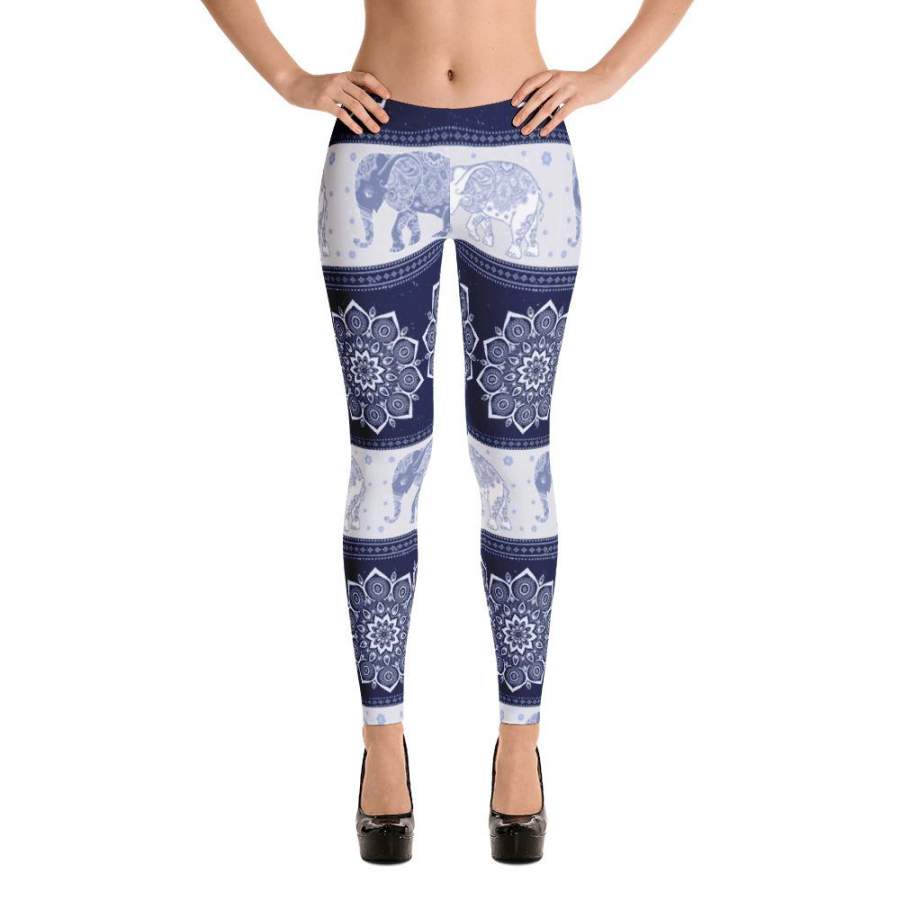 Mandala Elephant Bohemian Hippie Navy Blue Leggings