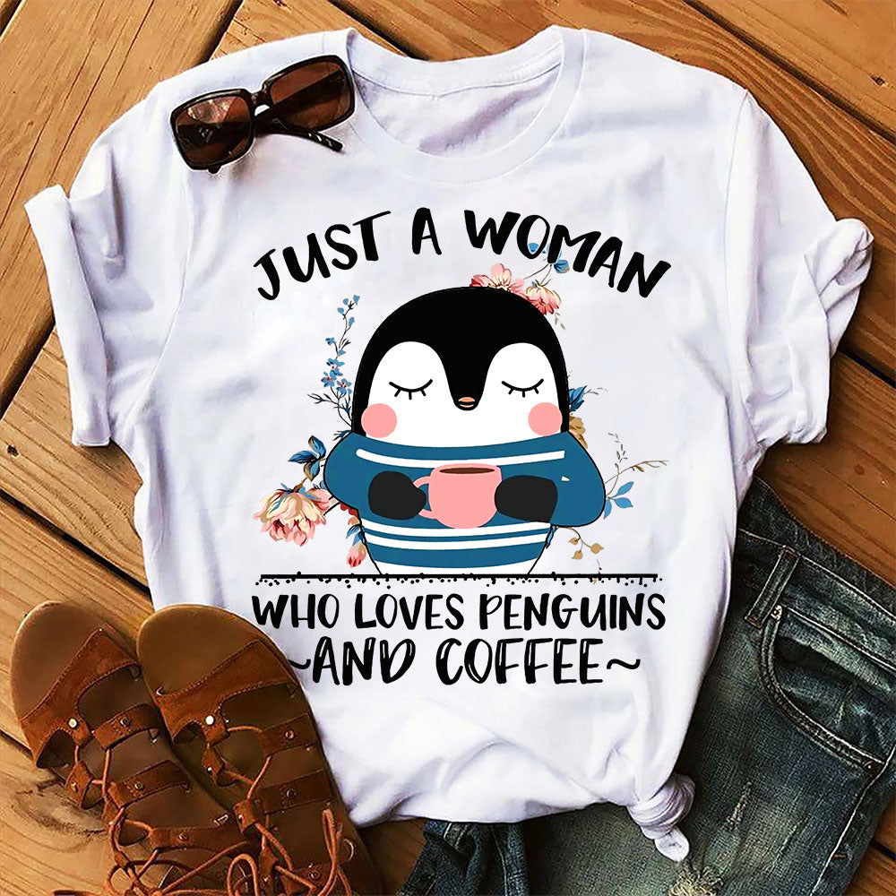 Just A Woman Who Loves Penguins & Coffee | Penguin Graphic Unisex T Shirt, Sweatshirt, Hoodie Size S – 5XL