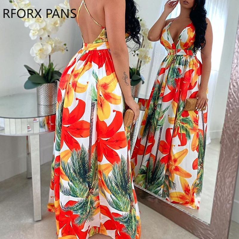 Floral Print Backless Maxi Dress Summer Dress Women Fashion Party Elegant Clothes alx