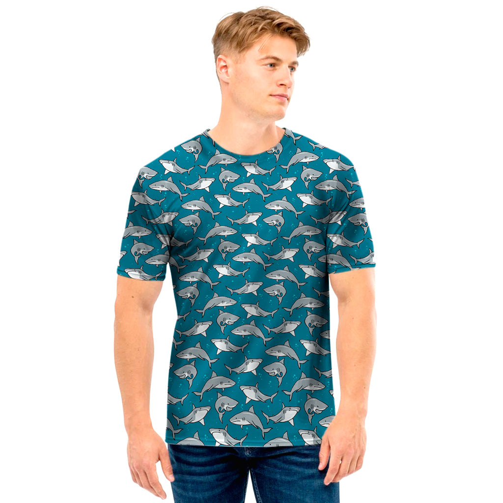 Cartoon White Shark Pattern Print Men’S T-Shirt