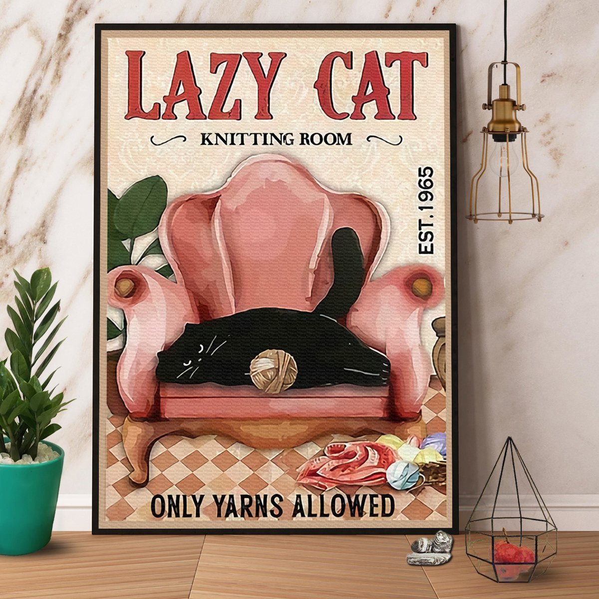 Black Cat Lazy Cat Only Yarns Allowed Lover Cats Knitting Pink Sofa Vintage  Poster No Frame Matte Canvas