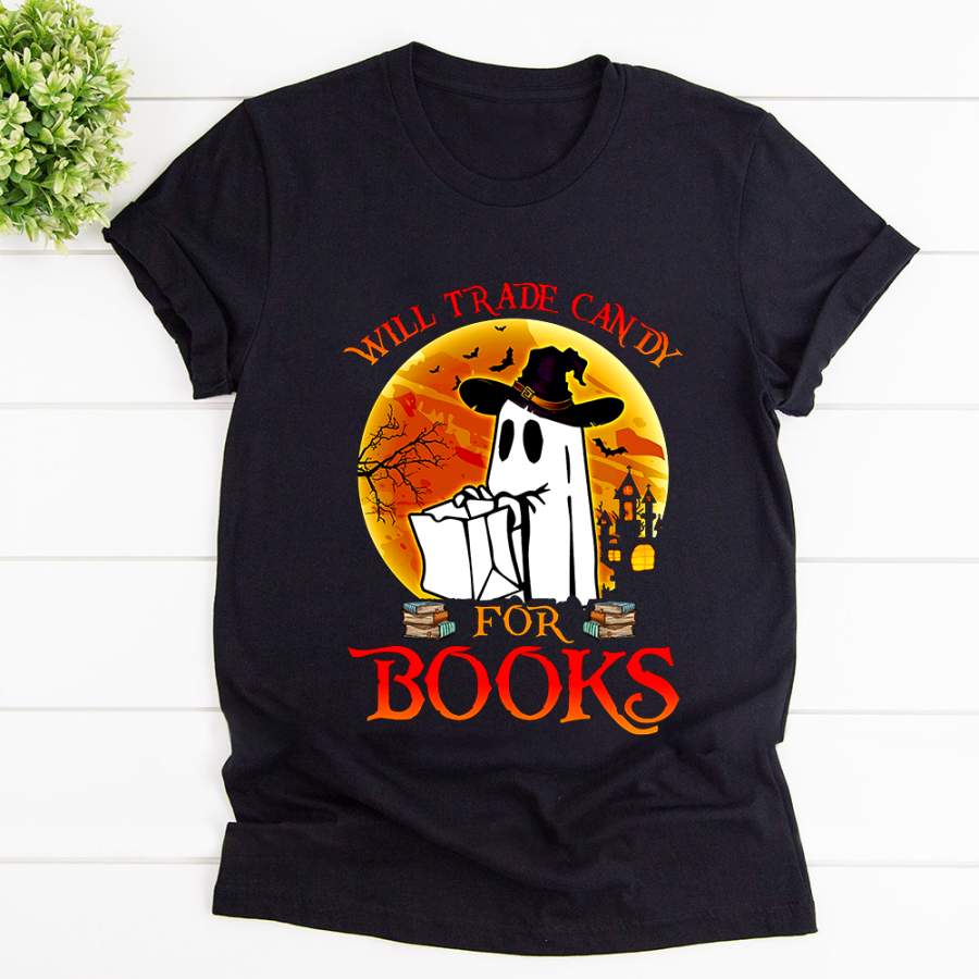 Boo reading will trade candy for books Halloween black cotton t shirt for men and women S-6XL