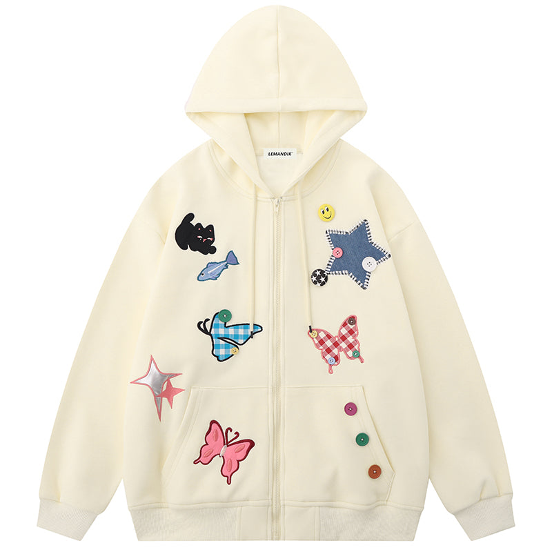 Lemandik Sweet Zip-Up Hoodie Cartoon Patch