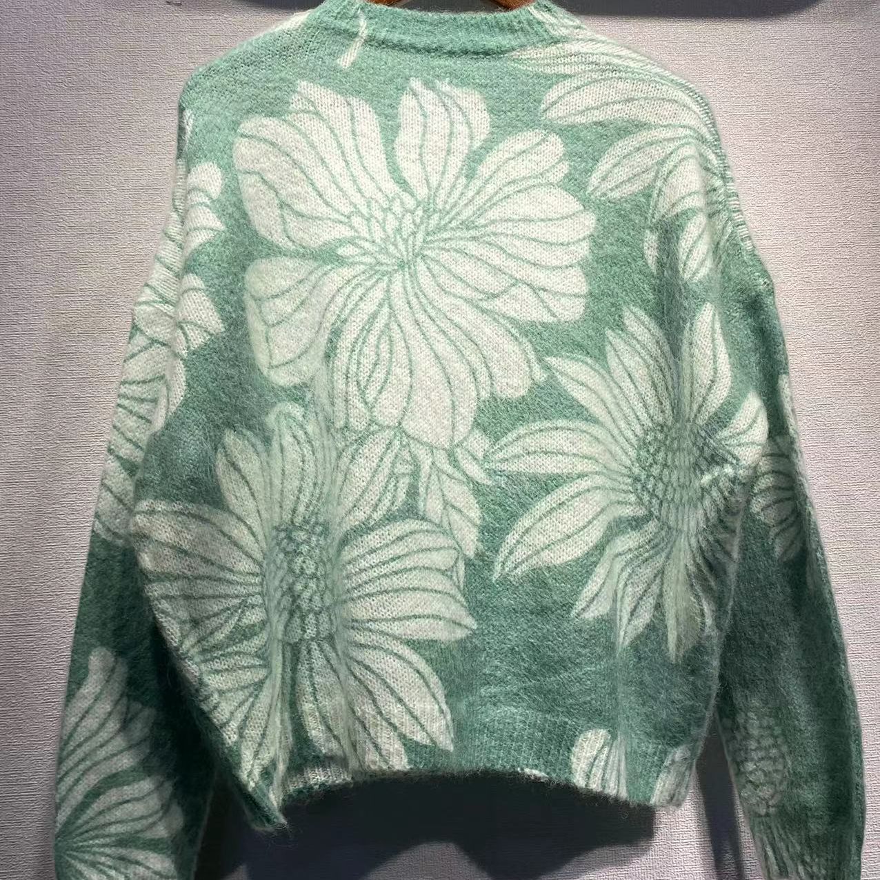 Women’s Green Flower Print Sweater Retro Fall Winter 2022 Wool Blends Knitted Top Long Sleeve O-neck Jumper for Female alx