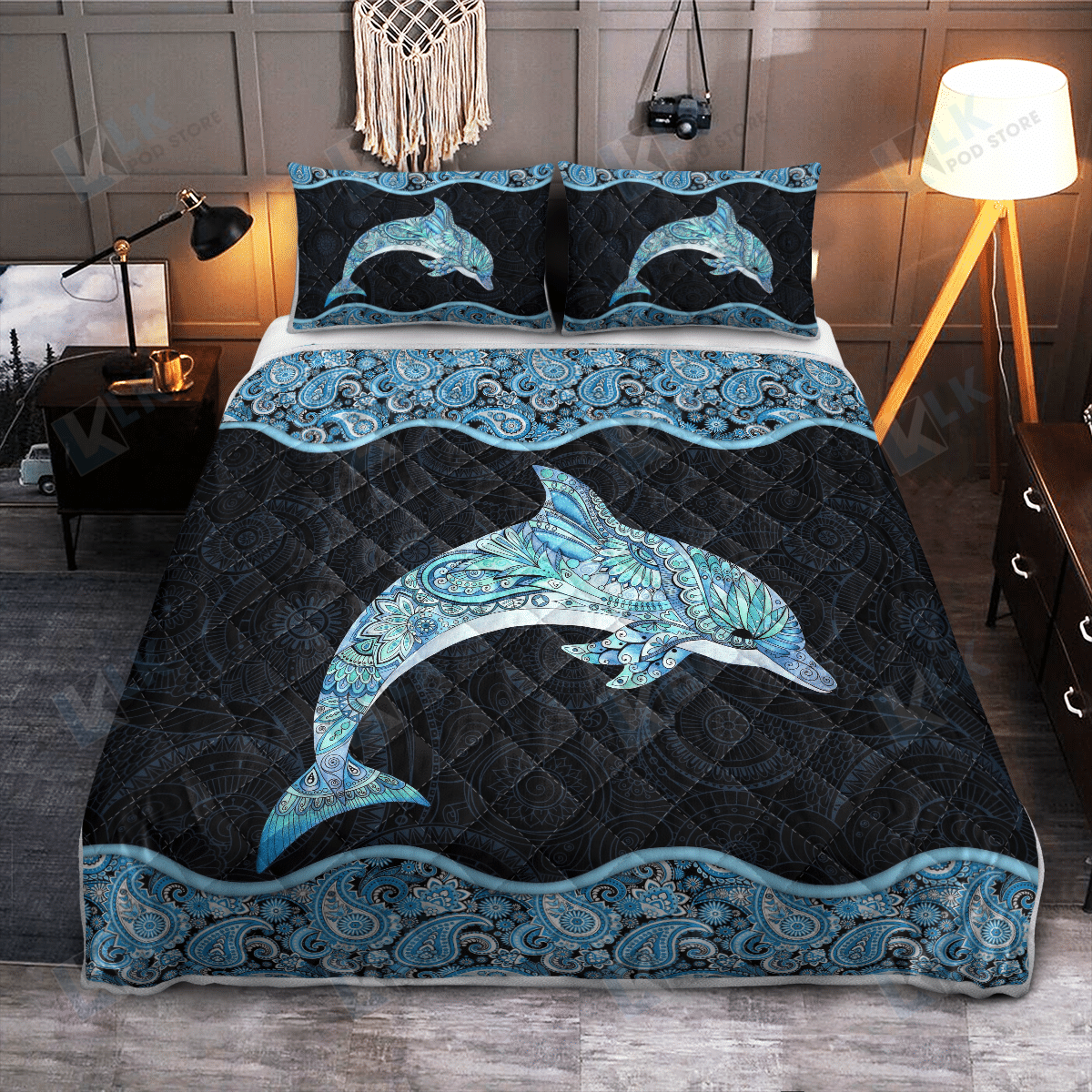 DOLPHIN Quilt Bedding Set Seamless Pattern | Quilt, 2 Pillow covers, Comforter, Bed Sheet Set