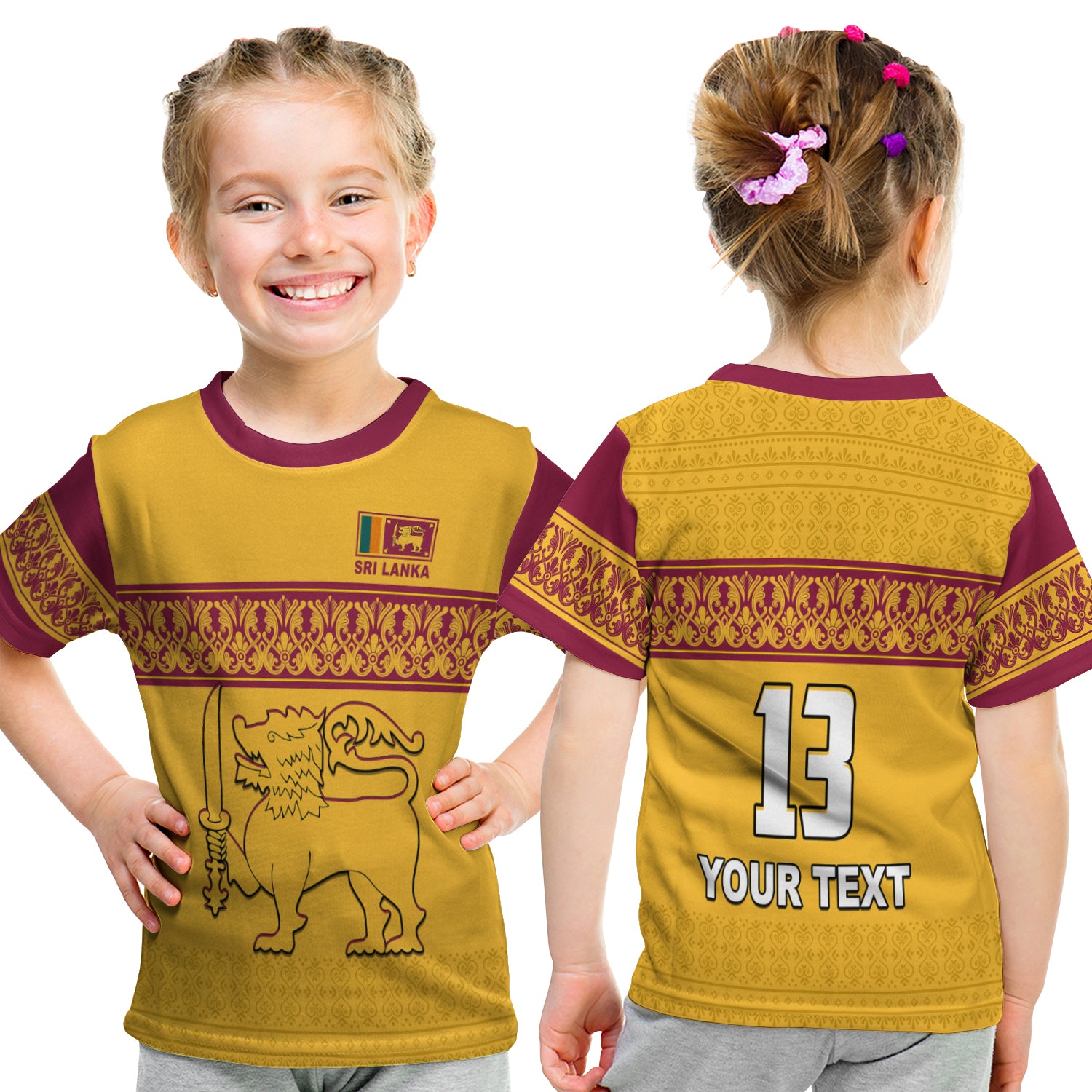 (Custom Text And Number) Sri Lanka T Shirt Kid Traditional Pattern And Lion Flag Lt13