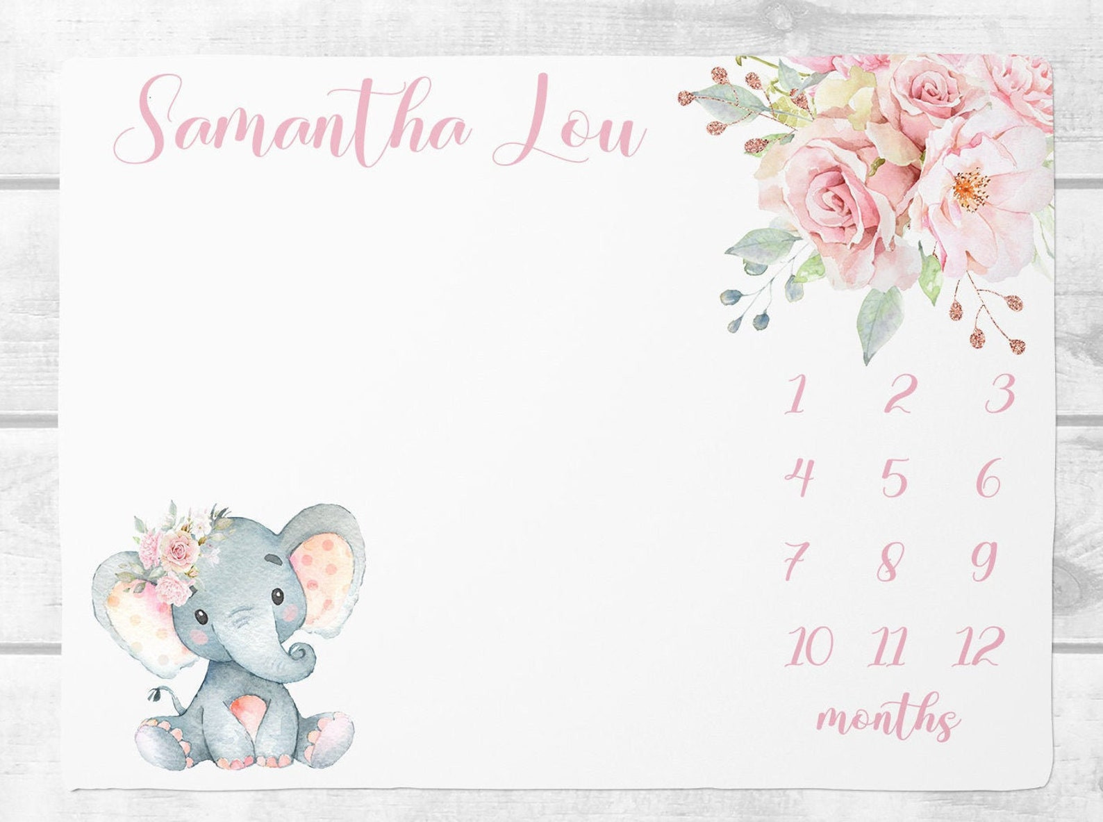 Personalized Elephant And Rose Monthly Milestone Blanket, Newborn Blanket, Baby Shower Gift Adventure Awaits Monthly Growth