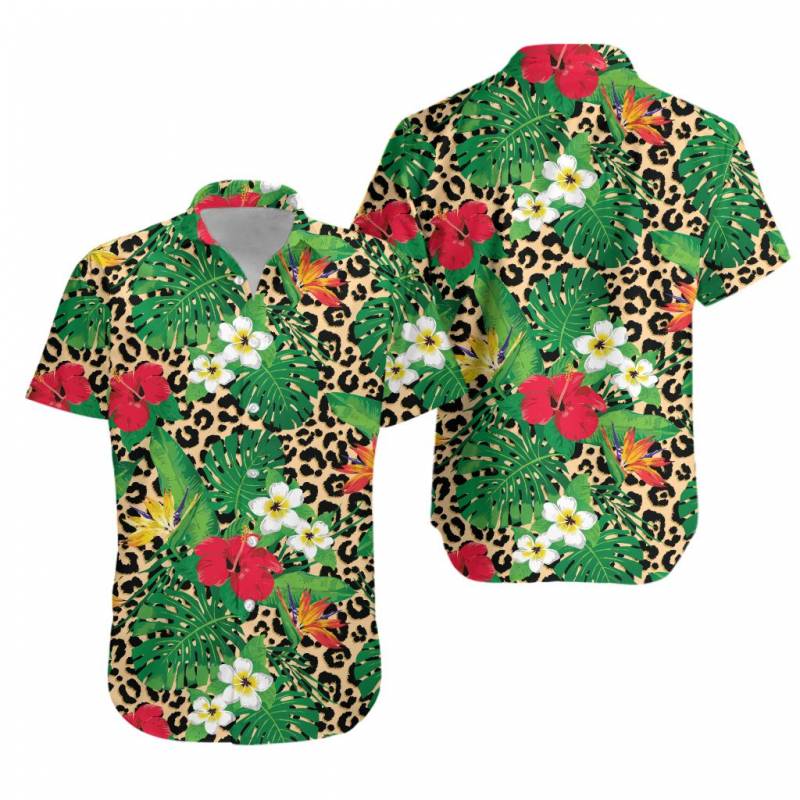 Tropical Flowers And Leaves On Leopard Hawaiian Shirt K5