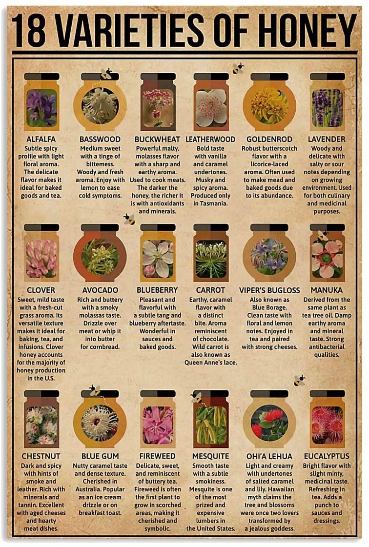 Vintage Bee 18 Varieties Of Honey Poster Art Print      Home Decor Gift For Family Friend On Valentine Birthday