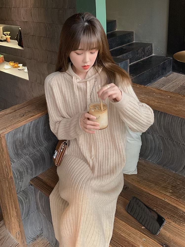 2022 autumn and winter temperament commuter women’s sweater mid-length loose and thin hooded drawstring knitted dress alx