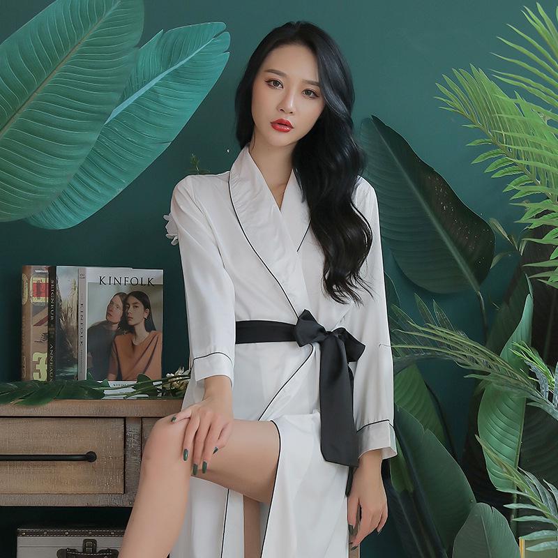 Spring Summer New Belt Silk Satin Women Robe Long Sleeve Solid Lady Bathrobe Female Loose Casual Nightwear Sleepwear alx