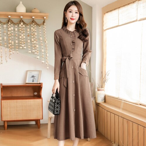 2019 Autumn New Arrival High Quality Korean Stand Collar Long Sleeve Woman Cotton Linen Long Dress M-3XL alx