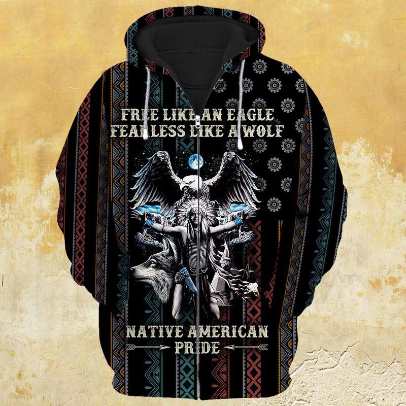 Free Like An Eagle Fearless Like A Wolf Vintage Shirts 3D Zipper Hoodie