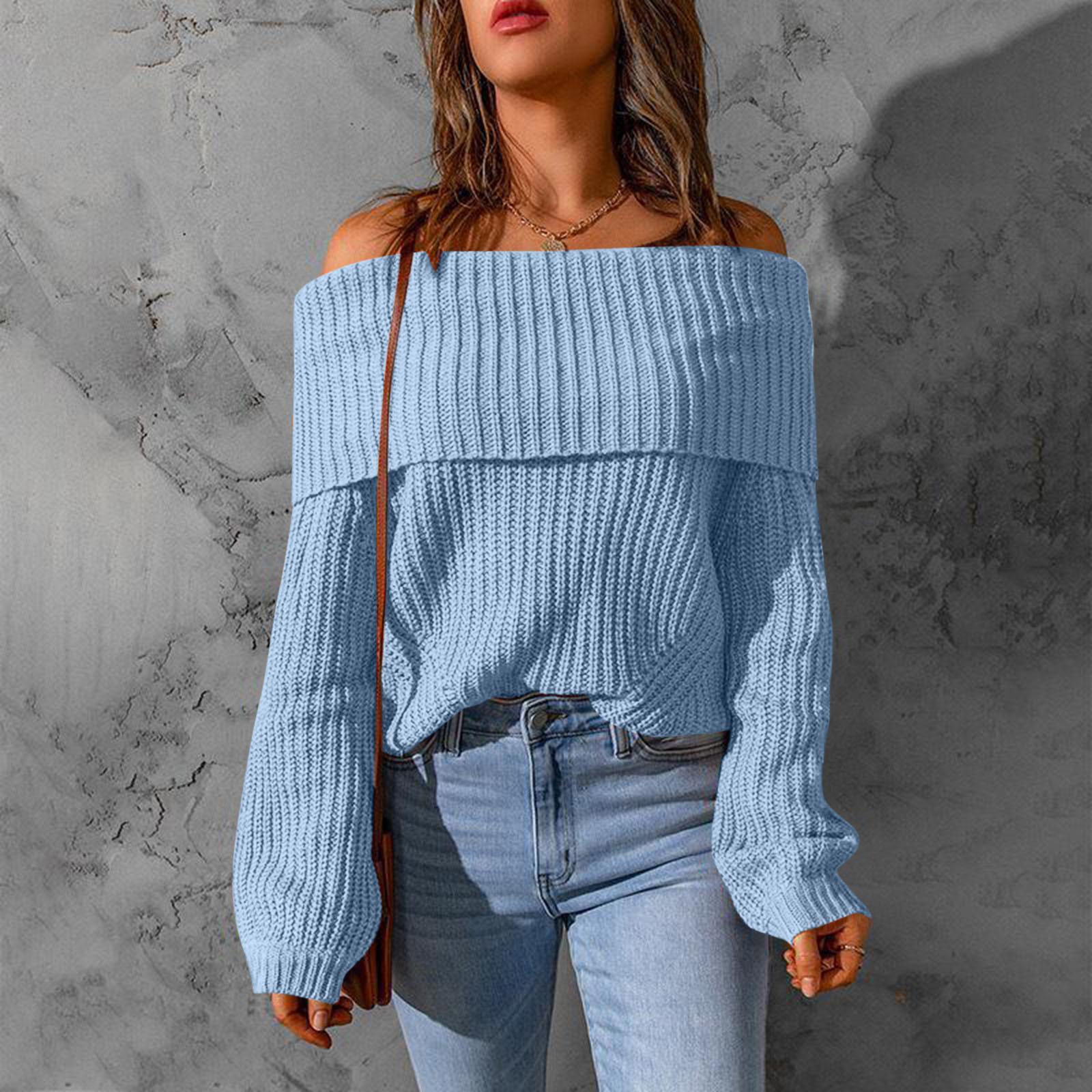 Women Autumn And Winter Loose Casual Fashion Solid Color Off The Shoulder Sexy Sweater Puffy Sleeve Sweater for Women alx