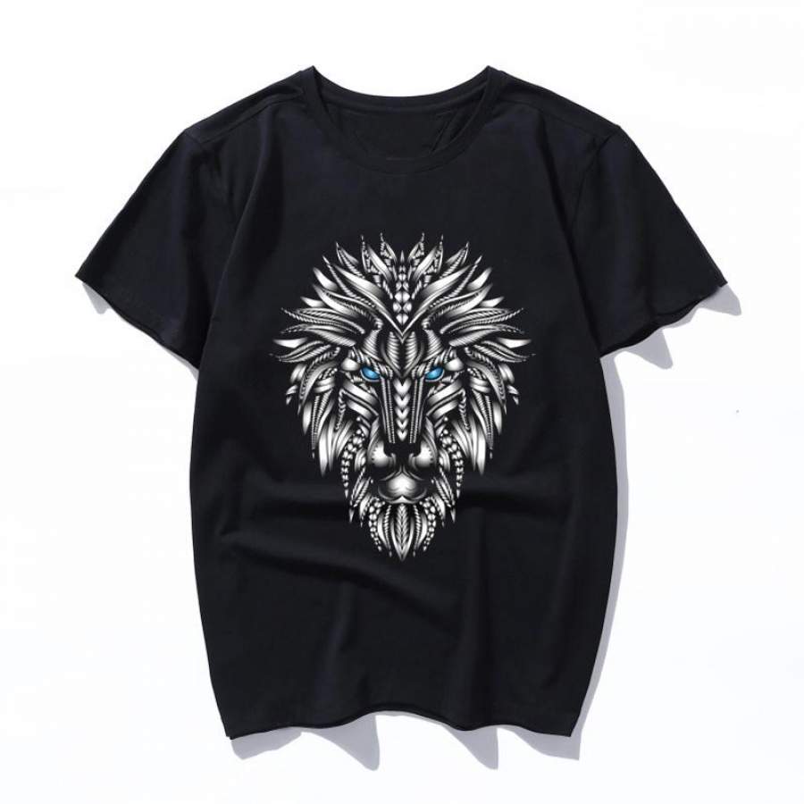 silver tribal lion cotton print women T shirt casual short sleeve Tshirt female o-neck loose men t-shirt tops tee shirt