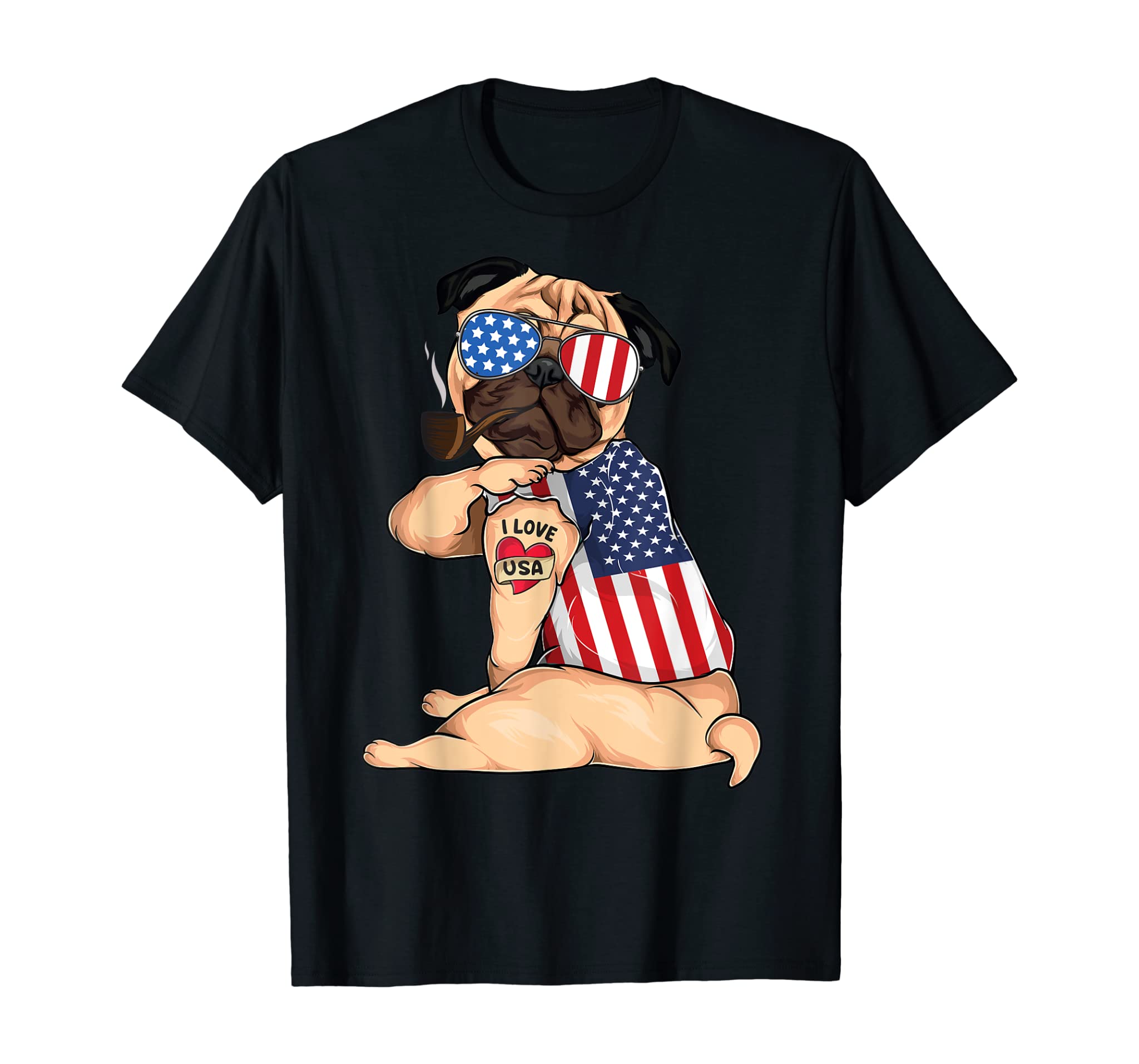 Pug dog Merica 4th of july usa american flag men women T-Shirt