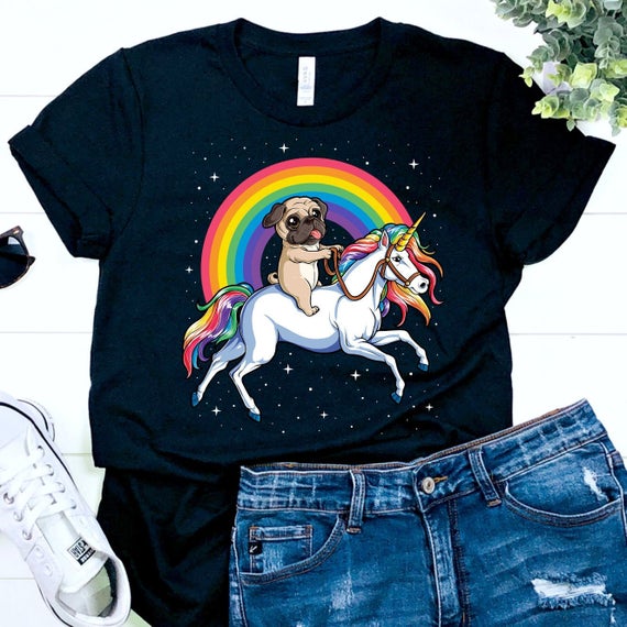 Funny Pug Dog Riding Unicorn Gift Dog Lovers T-shirt