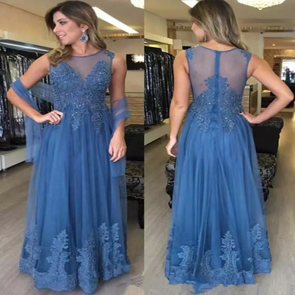 2022 Blue Mother Of The Bride Evening Dresses A-line Tulle Appliques Beaded Plus Size Long Groom Elegant For Wedding فساتين السه alx