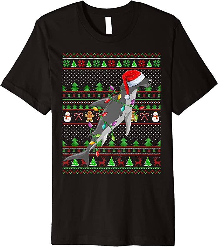 Ugly Xmas Sweater Style Lighting Hammerhead Shark Christmas Premium T-Shirt