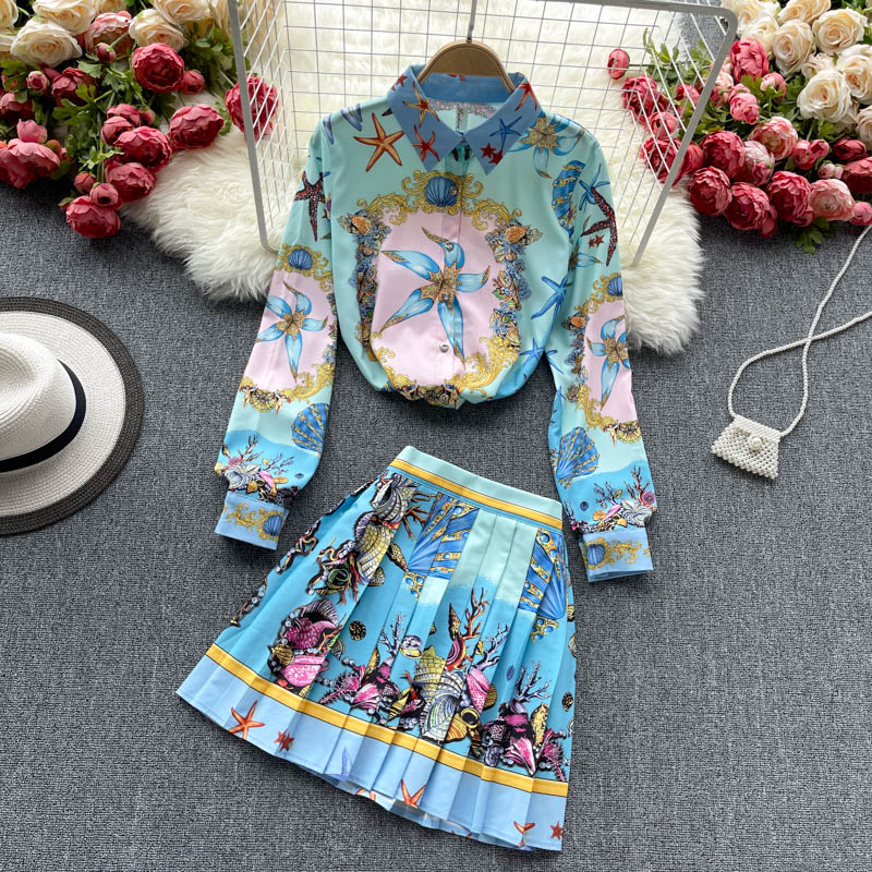 zomer jurkjes dames 2022 Two-piece Suit Women Fashion All-match Pleated Dress Summer Luxury Starfish Print Banquet Dresses alx